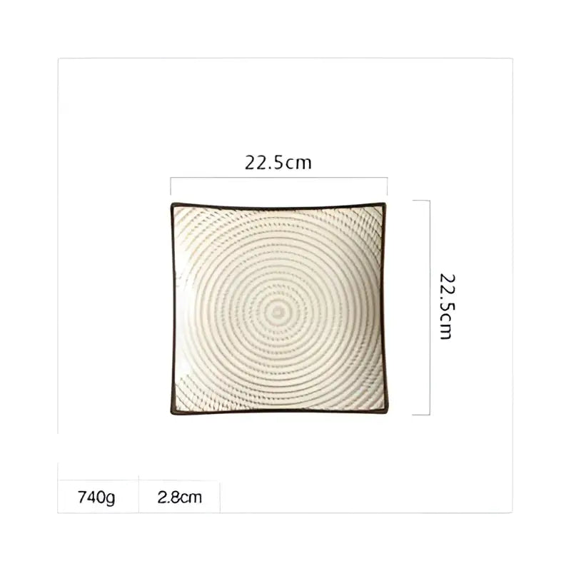 Square woven cushion with beige and dark brown concentric pattern displayed next to blue and white porcelain square dinner plate