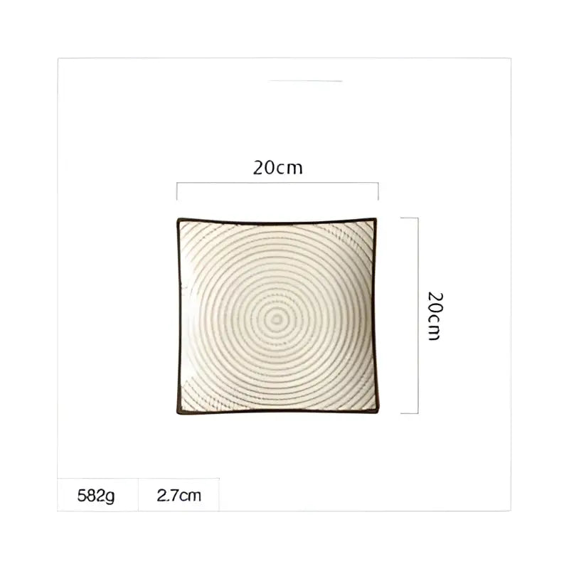 Beige woven cushion with concentric circles and dark brown border shown with blue and white crackle glaze porcelain square dinner plate