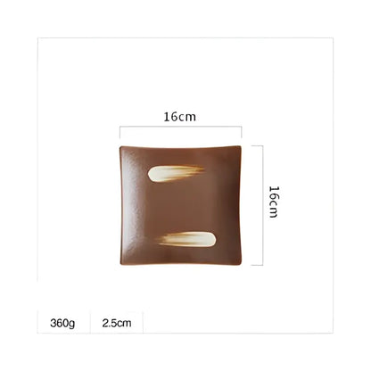 Brown ceramic square dinner plate with beige brushstroke designs alongside porcelain square dinner plate