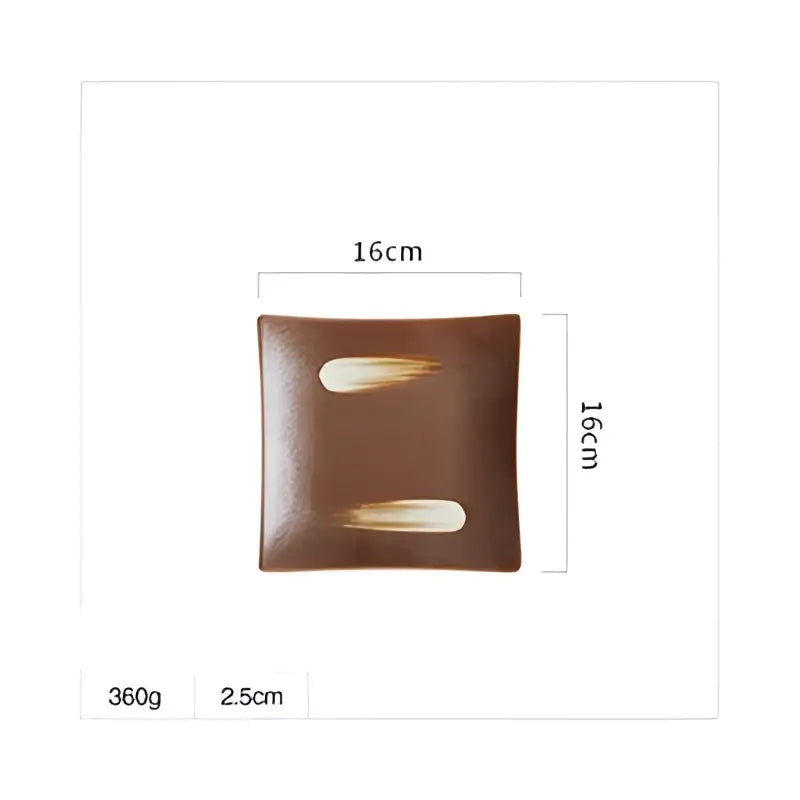 Brown ceramic square dinner plate with beige brushstroke designs alongside porcelain square dinner plate