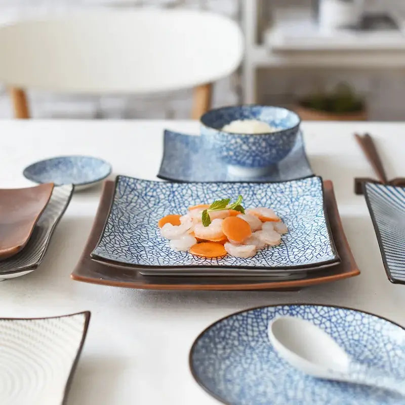 Blue and white crackle glaze porcelain square dinner plate with brown wooden rims ideal for dining room use