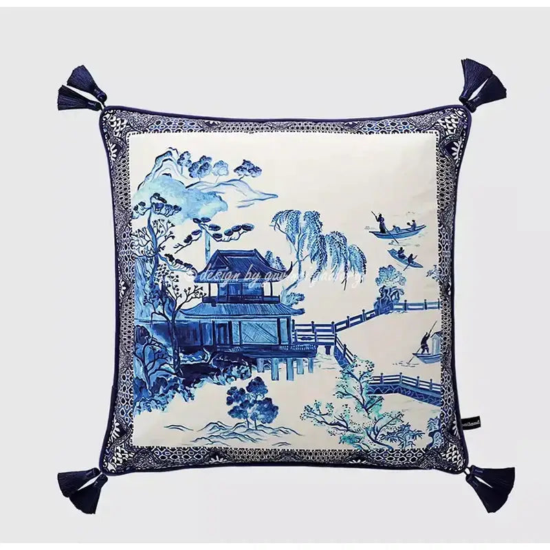 Blue and white crane throw pillow case with traditional porcelain landscape design lace trim and tassels for living room