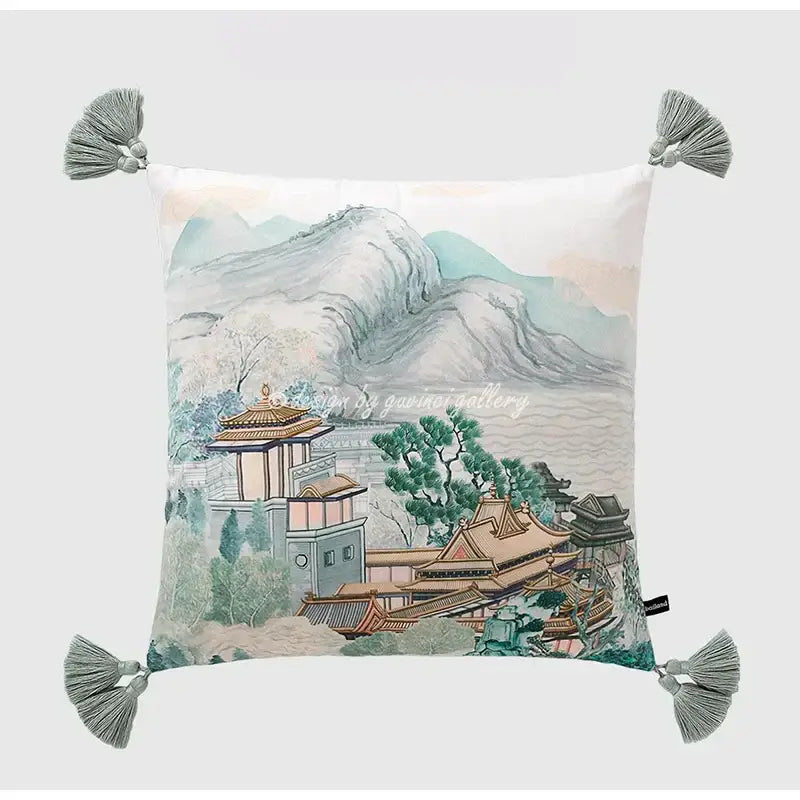 White throw pillow case with delicate watercolor east asian architecture and gray tassels for living room decor