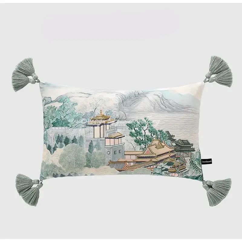 Blue and white crane throw pillow case featuring east asian architecture watercolor design with sage green tassels
