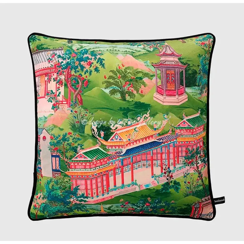 Blue and white crane throw pillow case with vibrant red and gold pagoda design on lush green hills for living room use