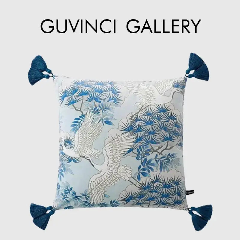 Blue and white crane throw pillow case with pine tree pattern and deep teal tassels for living room decor
