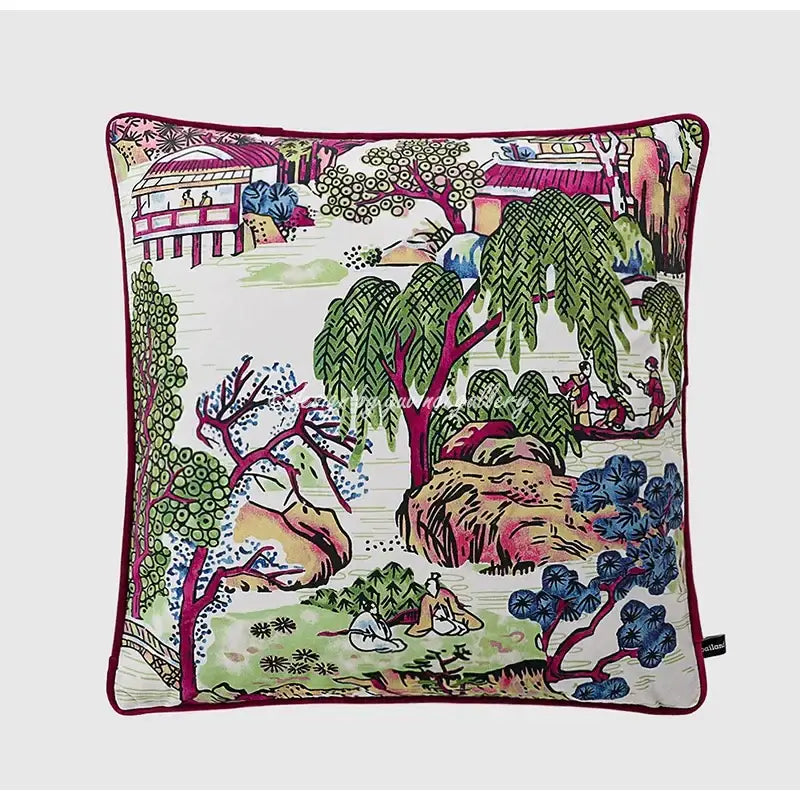 Blue and white crane throw pillow case with vibrant east asian garden design and burgundy border for living room decor