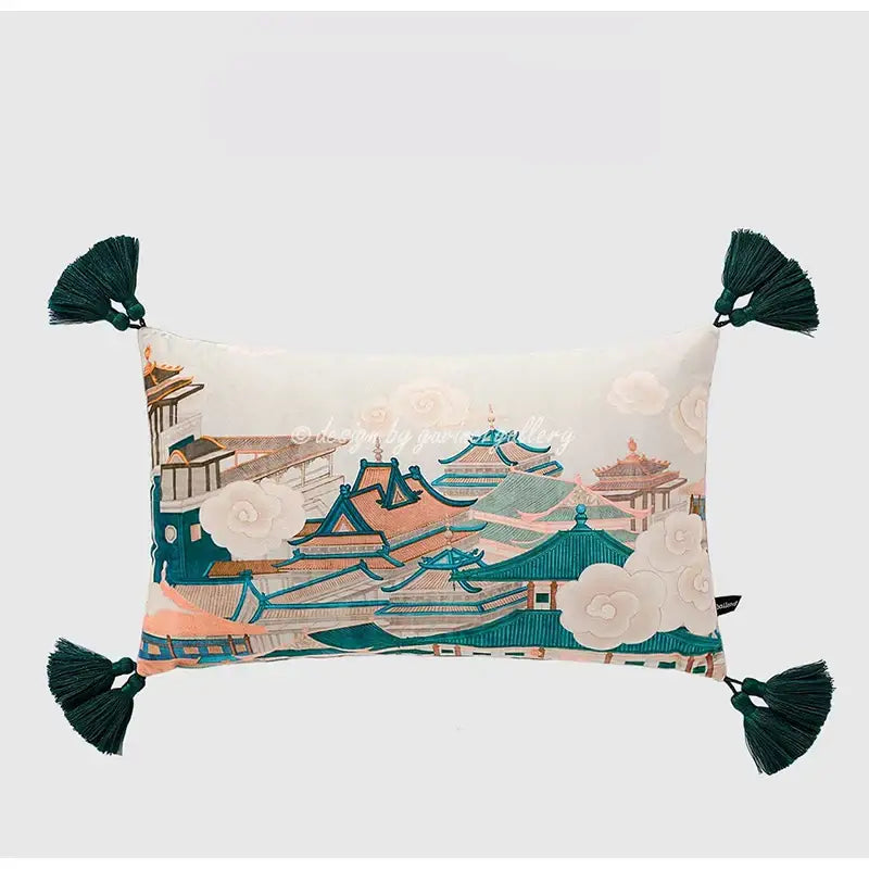 Rectangular throw pillow case with embroidered east asian architecture in teal peach cream and dark green tassels
