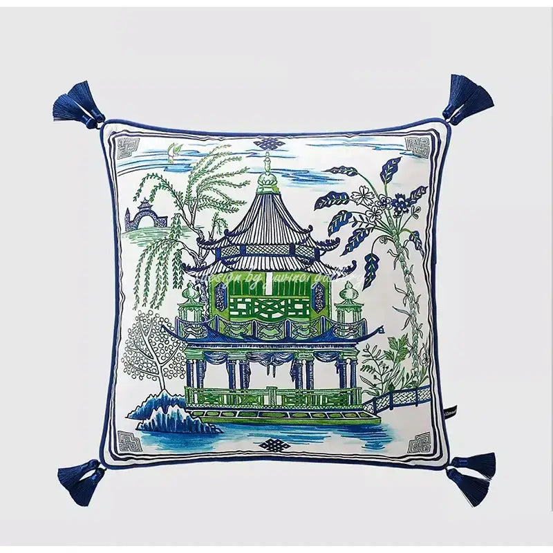 Square throw pillow case with green and blue traditional chinese pavilion illustration on off-white with navy tassels