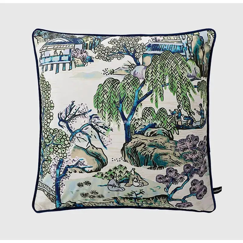 Square throw pillow case with traditional blue green and purple landscape design on off-white background with navy trim
