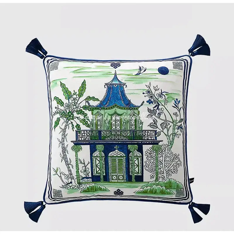 Square throw pillow case with embroidered blue and green pagoda and navy tassels on white for living room decor