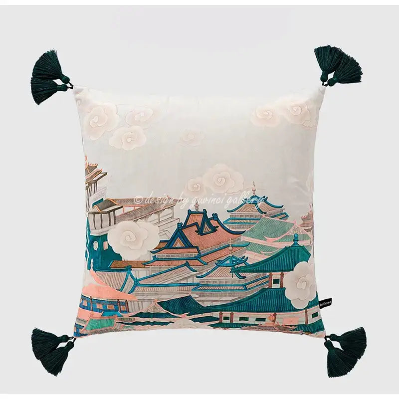 Blue and white crane throw pillow case with embroidered east asian architecture, floral appliqués, and tassels