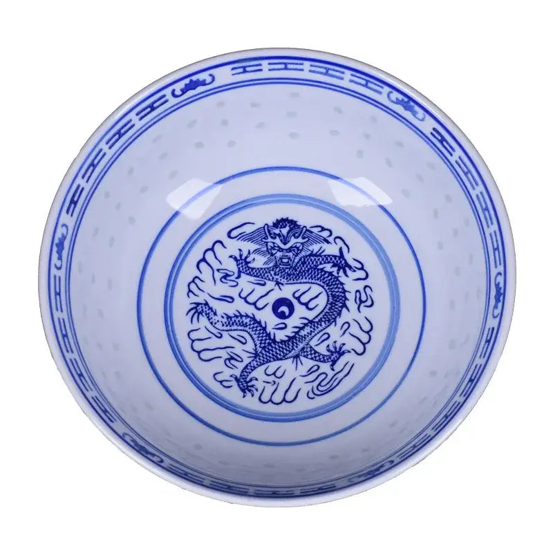 White ceramic ramen bowl with blue dragon pattern and traditional chinese motifs for dining room decorbites dragon pattern