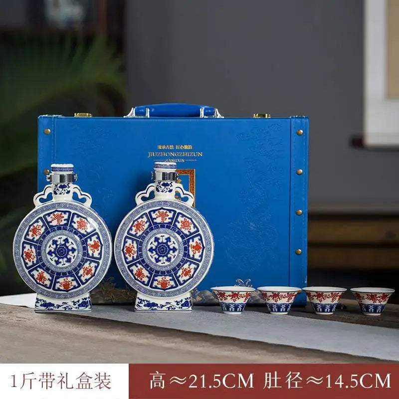 Blue and white eight treasures ceramic wine bottles with red floral patterns in matching blue carrying case for living room ornament