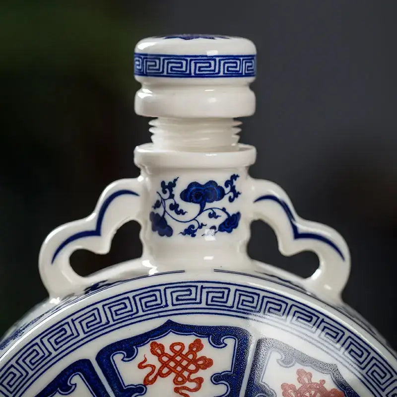 A white eight treasures ceramic bottle with blue and red traditional Chinese patterns for living room decor