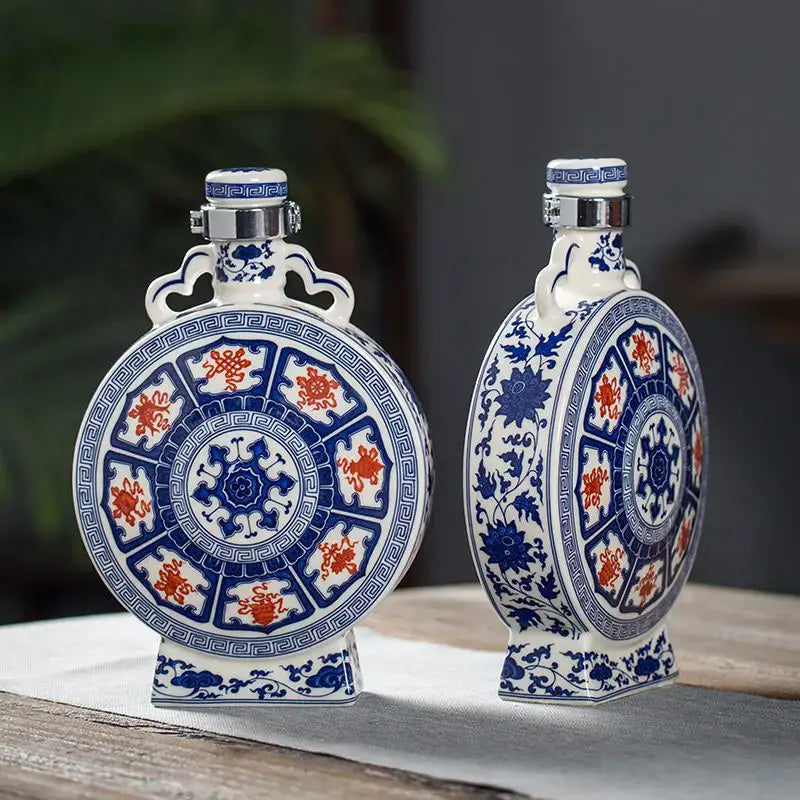 Two porcelain eight treasures ceramic bottles with blue and red traditional patterns and silver caps for living room ornament
