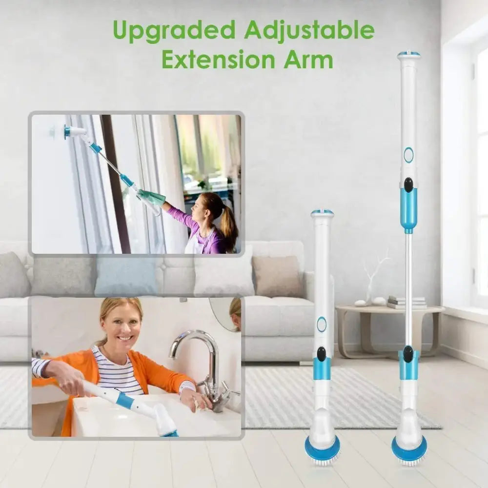 Blue and white electric spin scrubber brush with adjustable extension arm for efficient bathroom cleaning