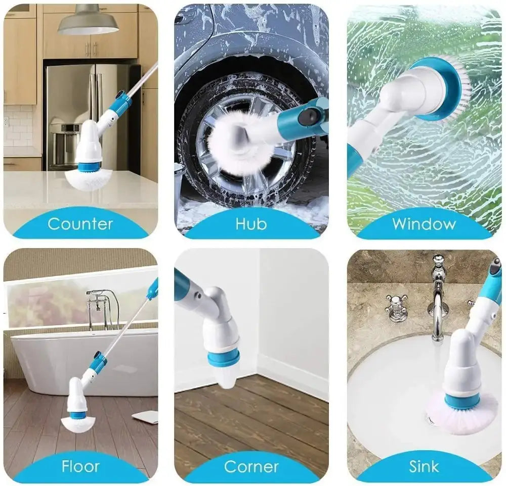 Blue and white electric spin scrubber brush with soft bristles for versatile cleaning of bathrooms counters and sinks