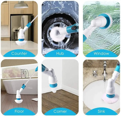 Blue and white electric spin scrubber brush with soft bristles for versatile cleaning of bathrooms counters and sinks