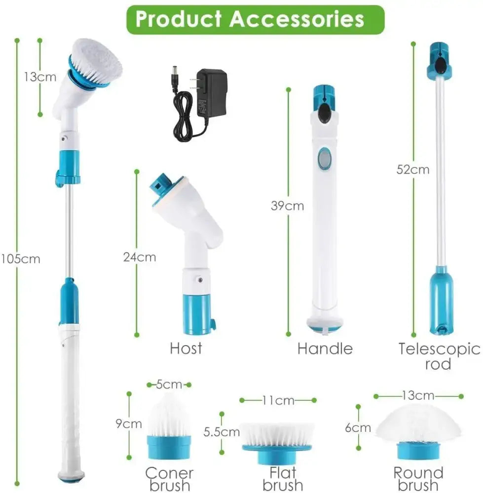 Blue and white electric spin scrubber brush set with multiple interchangeable attachments for bathroom cleaning