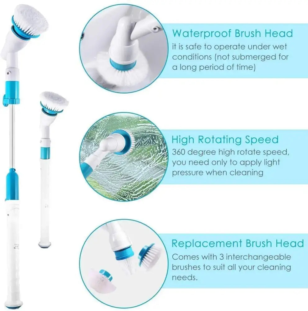 Blue and white electric spin scrubber brush with long handle and interchangeable bristle heads for bathroom cleaning