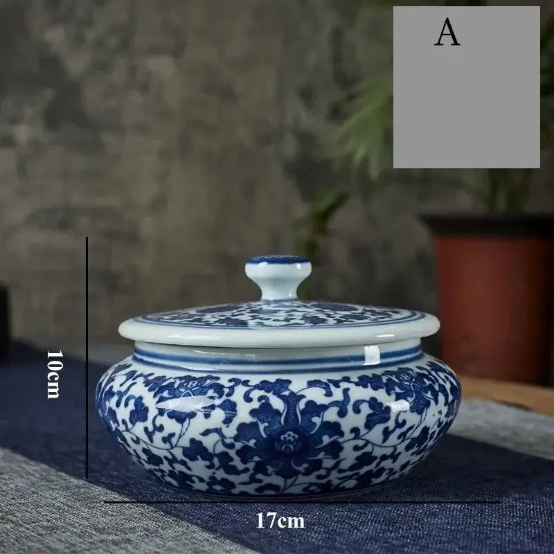 Blue and white floral ceramic tea caddy jar with intricate patterns for living room decor and tea storage