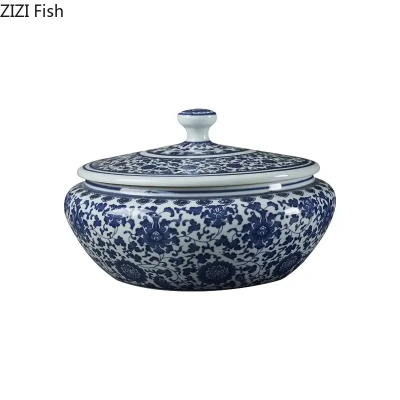 Blue and white porcelain floral ceramic tea caddy jar with lid for living room decor and tea storage
