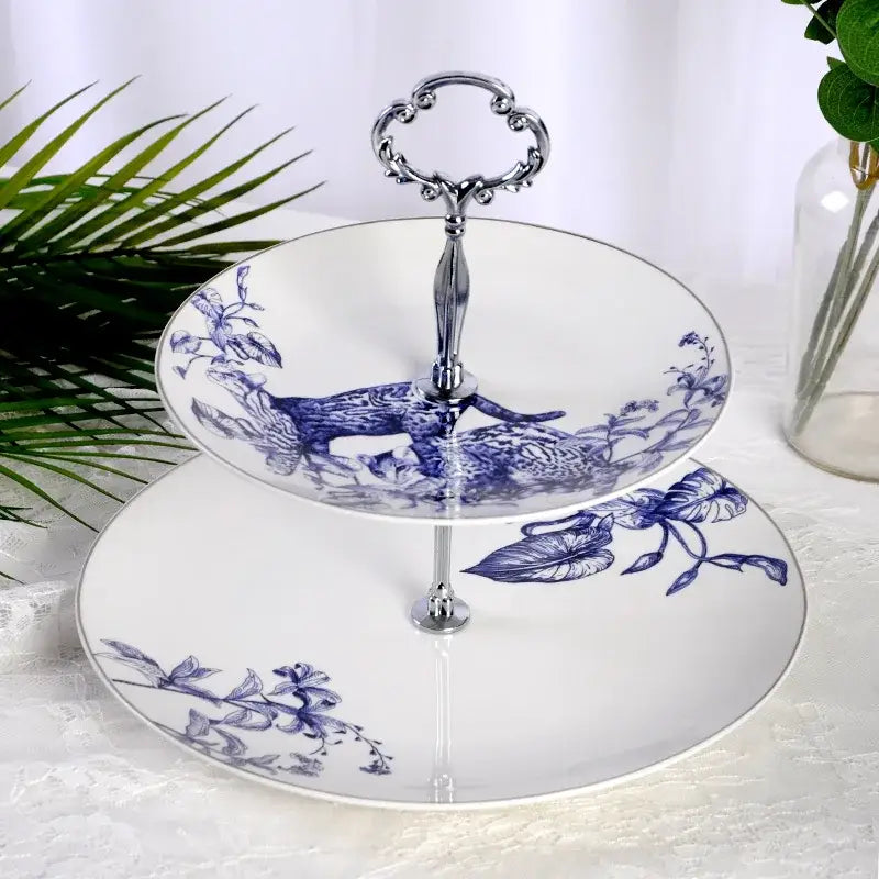 Blue and white floral porcelain two-tiered fruit plates with silver handle from decorbites kitchenware dining experience set