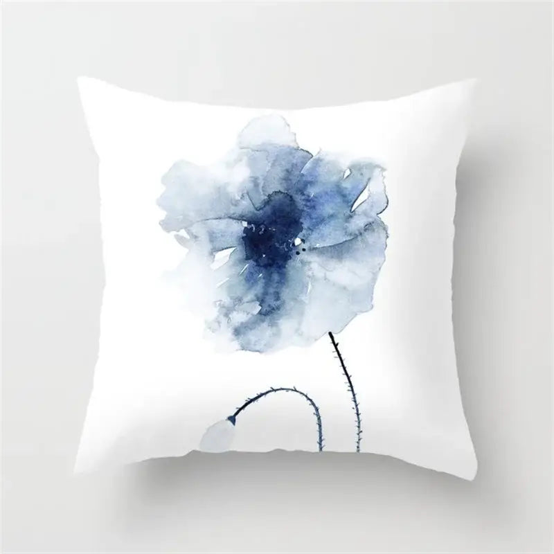 White throw pillow with delicate blue and gray watercolor poppy for decorbites geometric heart round living room decor