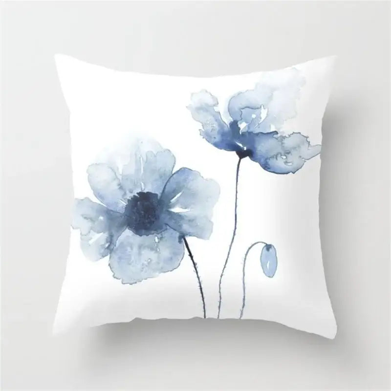 White throw pillow with blue poppy watercolor design for decorbites geometric heart round living room decor