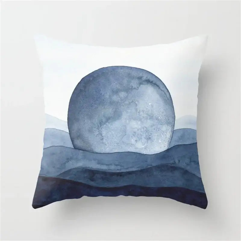 White throw pillow featuring a watercolor blue moon and ocean waves for decorbites geometric heart round living room decor