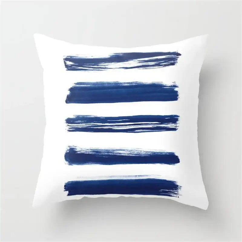 White throw pillow with five navy blue brushstroke patterns for decorbites geometric heart round living room decor