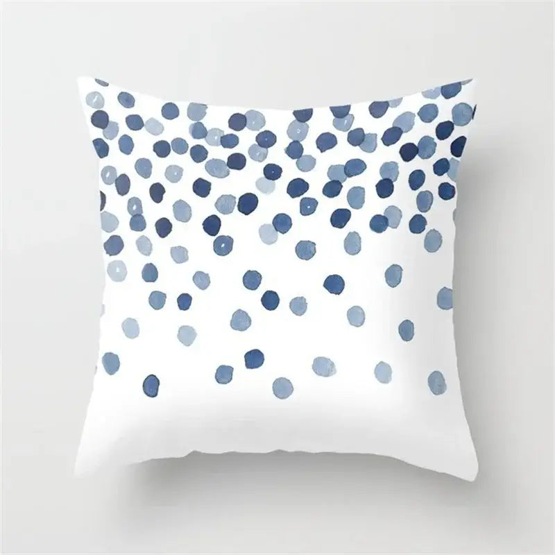 White throw pillow with navy and light blue paint-splatter dots for decorbites geometric heart round cushion cover decor