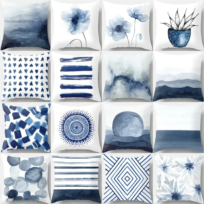 A collection of twelve blue and white geometric heart round throw pillows featuring decorbites geometric heart designs for living room decor