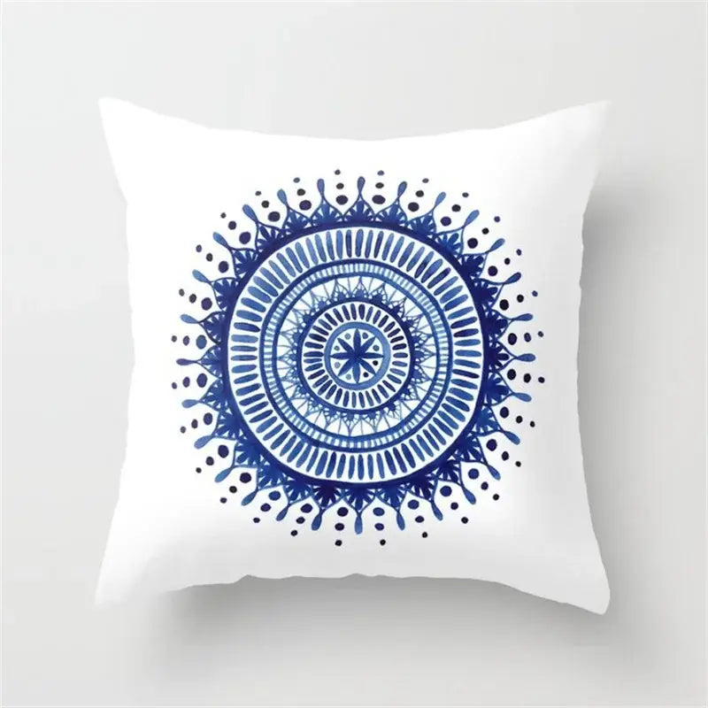 White throw pillow with detailed blue mandala geometric heart round design for decorbites geometric heart living room decor