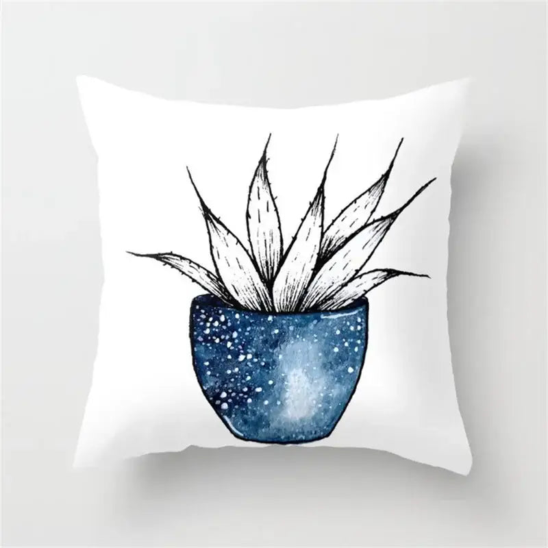 White throw pillow with black ink agave sketch in blue galaxy pot designed for decorbites geometric heart round decorbites geometric heart cushion cover