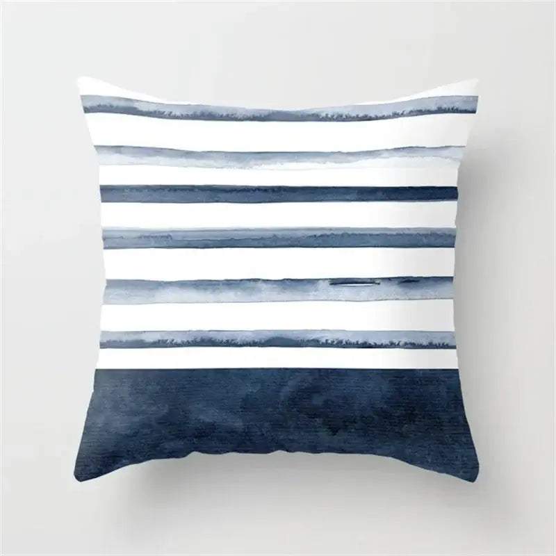 A square throw pillow with blue and white horizontal stripes in watercolor texture for decorbites geometric heart decorbites geometric heart round cushion cover living room decor