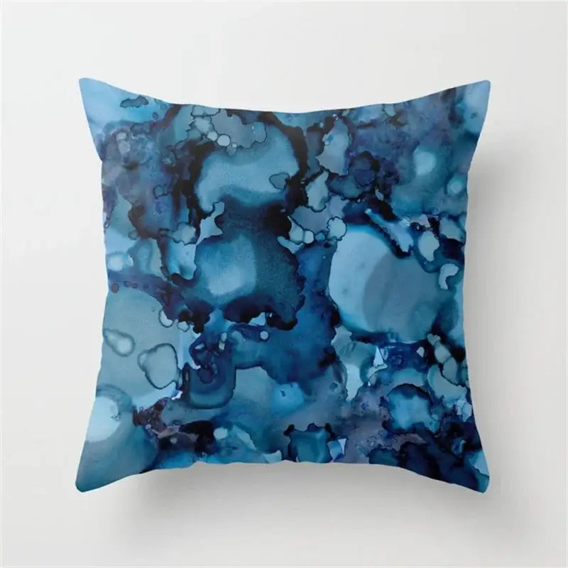 Blue abstract art throw pillow with swirling blues and brown accents for decorbites geometric heart round cushion decor