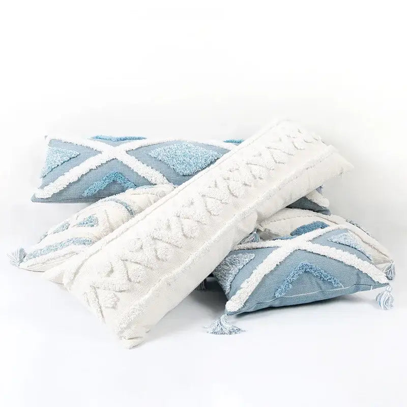 Blue and white geometric tufted pillowcase set with textured throw pillows and tassel accents for bedroom decorbites blue geometric
