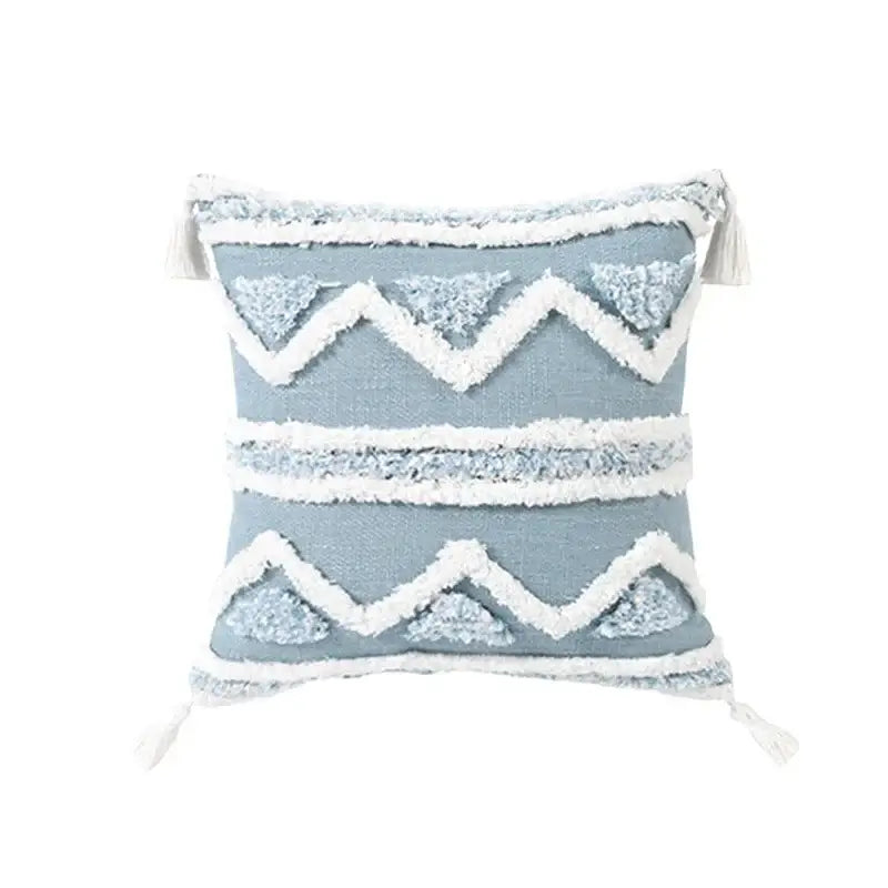 Light blue and white geometric tufted pillowcase set featuring zigzag patterns and tassels for bedroom decorbites blue geometric style
