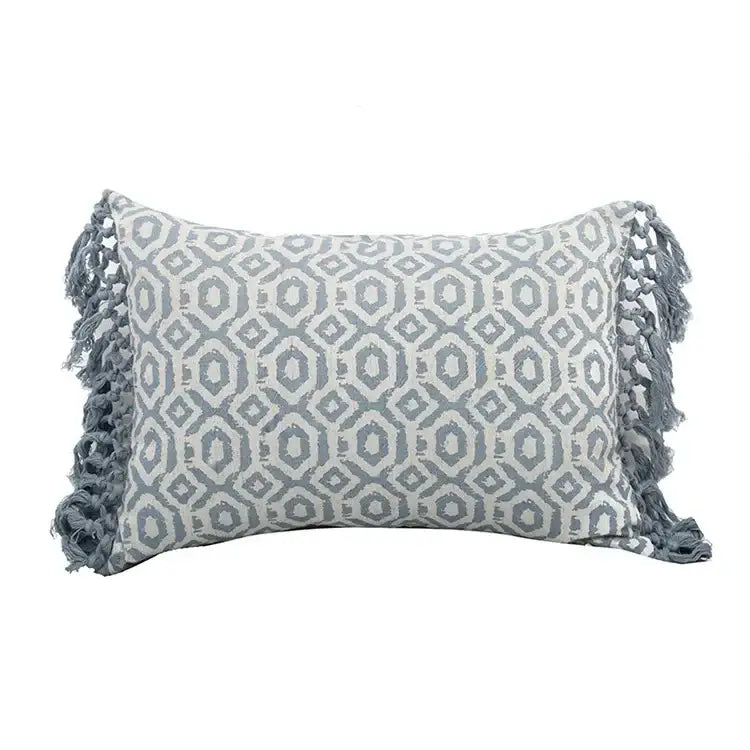 Gray and white geometric tufted rectangular pillow with fringed tassels from decorbites blue geometric pillowcase set