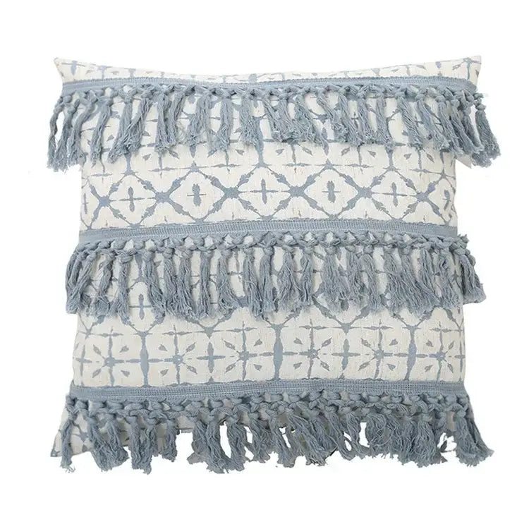 Square cream pillowcase set with blue geometric tufted patterns and gray fringe for decorbites blue geometric decor