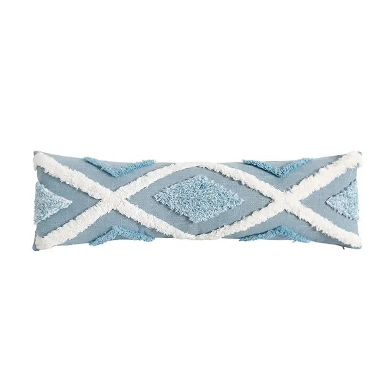 Light blue rectangular throw pillow with white fringed geometric patterns and textured diamond accents decorbites blue geometric pillowcase set