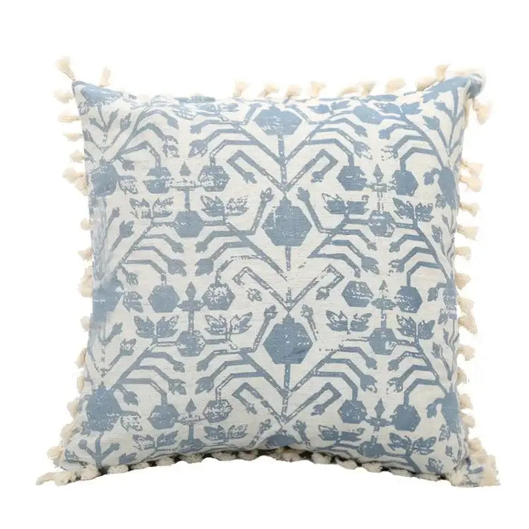 Blue and white geometric tufted pillowcase set with cream tassels for bedroom decorbites blue geometric style