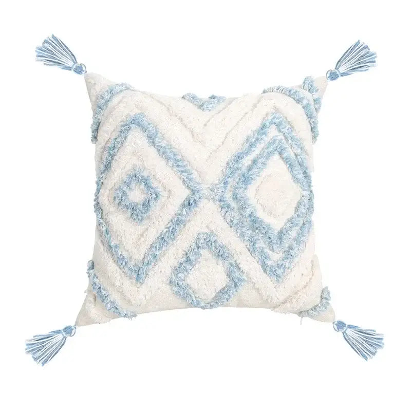 Cream-colored pillowcase set with decorbites blue geometric embroidery and tassels for bedroom decorbites blue geometric tufted