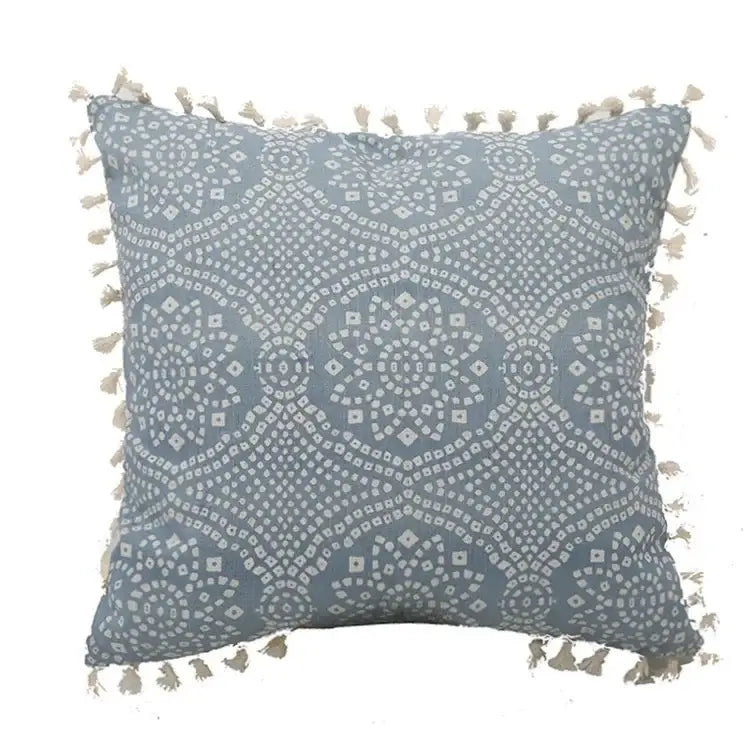 Light blue pillowcase set with white geometric pattern and cream tassels in decorbites blue geometric tufted style