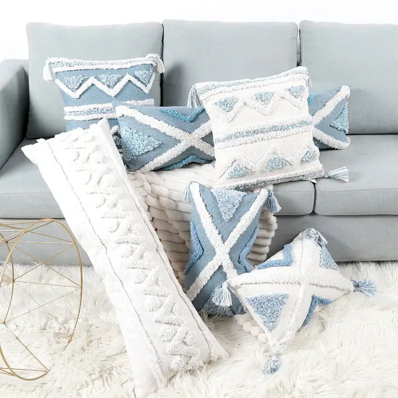 Blue and white geometric tufted pillowcase set with textured throw pillows featuring tassels for bedroom decorbites blue geometric style