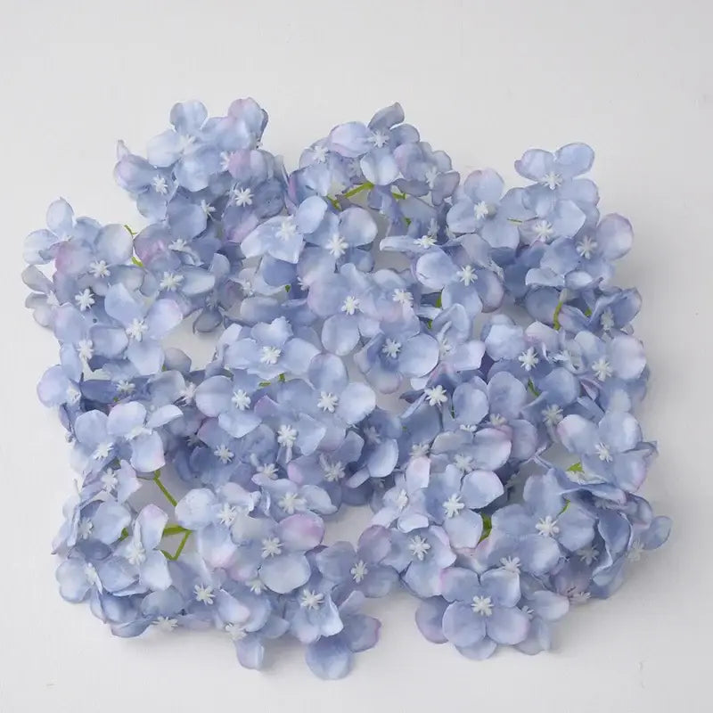 A cluster of light blue and white decorbites hydrangea flowers with pink undertones for wedding decor or living room use