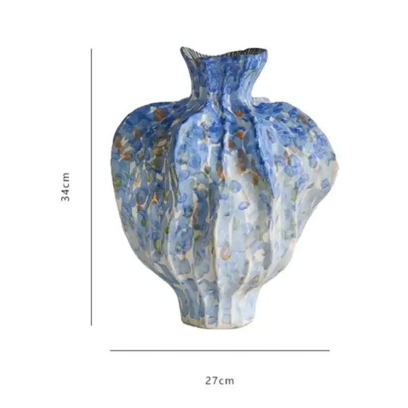 Textured blue and white irregular porcelain tulip vase with fluted body and wide neck for living room decorbites decor