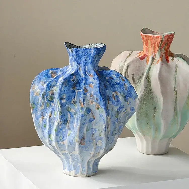 Blue and white irregular porcelain tulip vase with hand-painted textured blue ceramic fluted body for living room decorbites decor